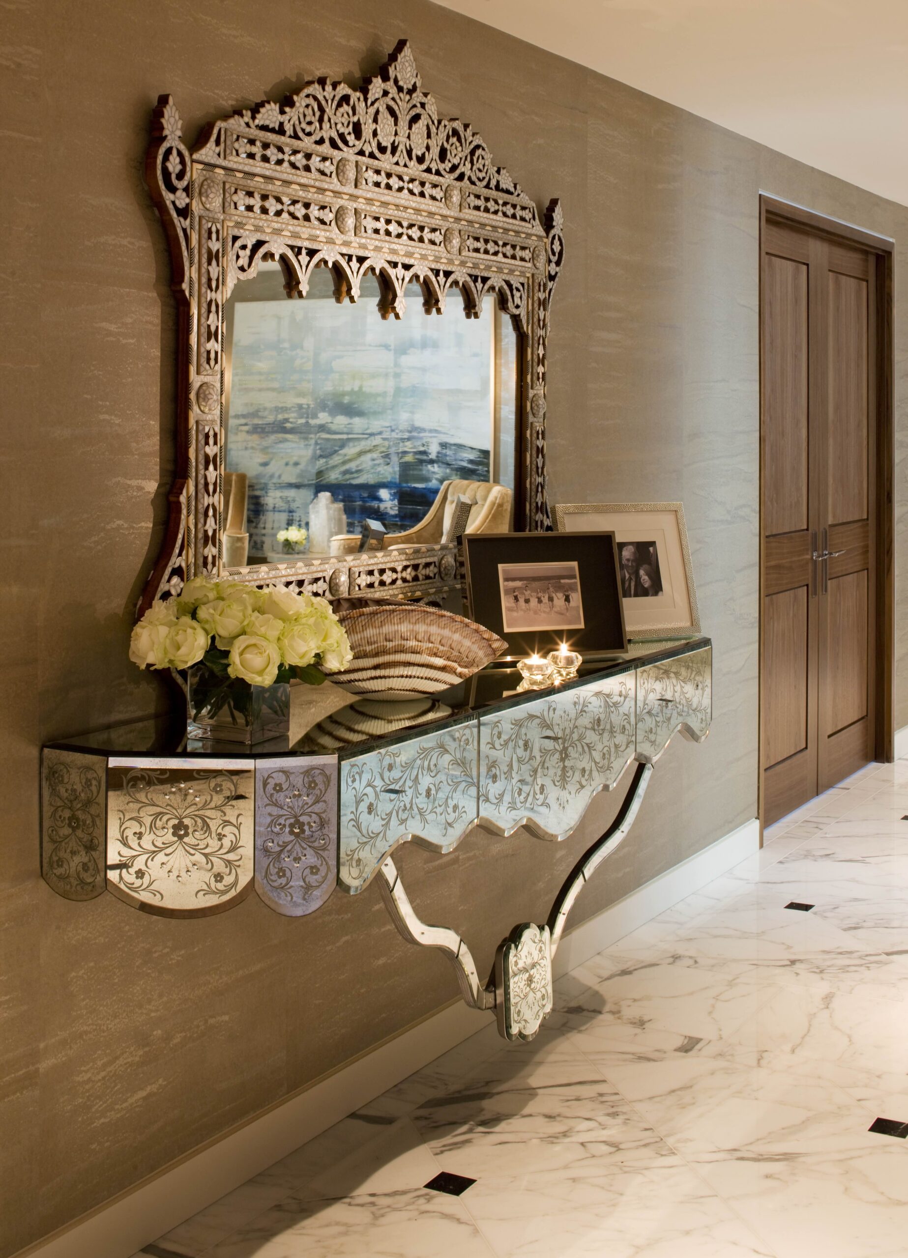 carved-wood-mirror-console-table-marble-floor-hallway 05