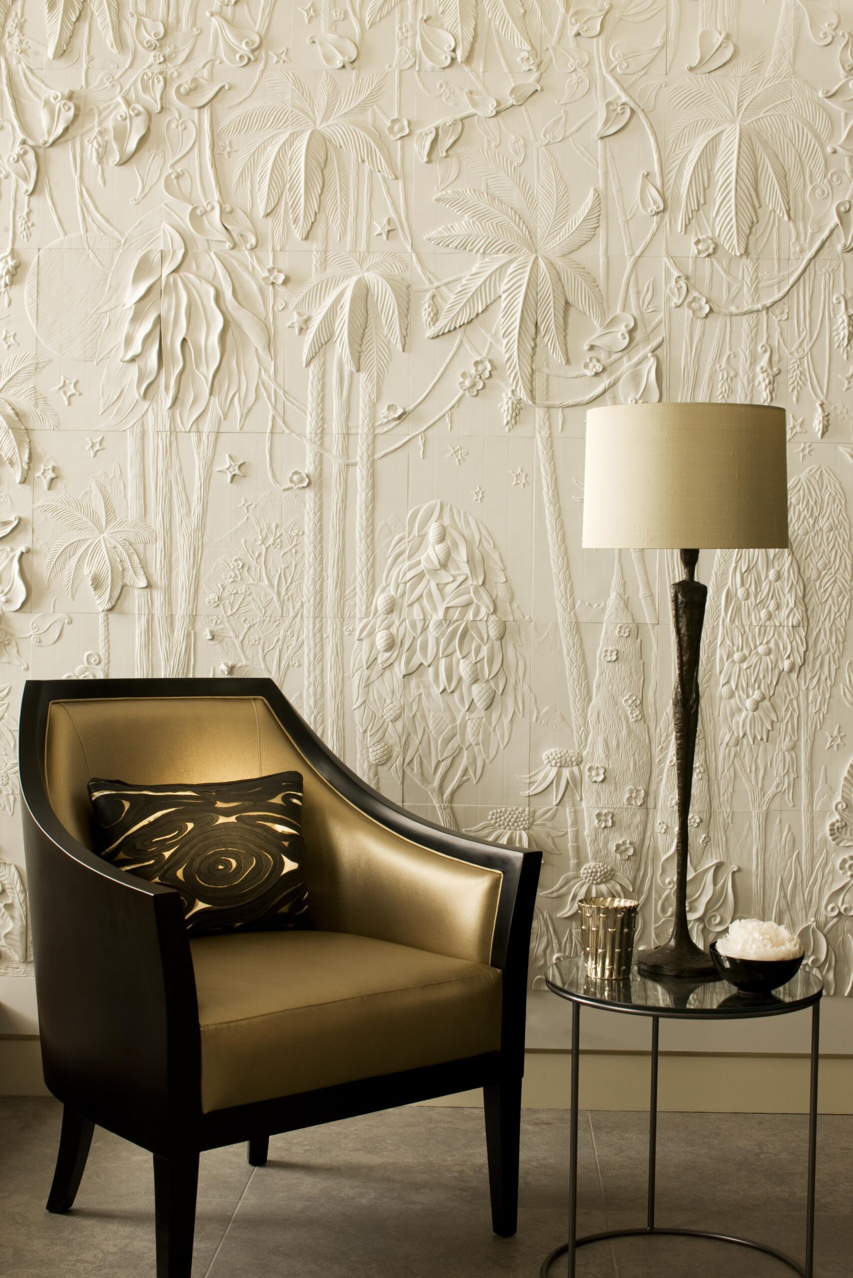 textured-botanical-relief-wall-panel-neutral-tones-armchair-floor-lamp 03