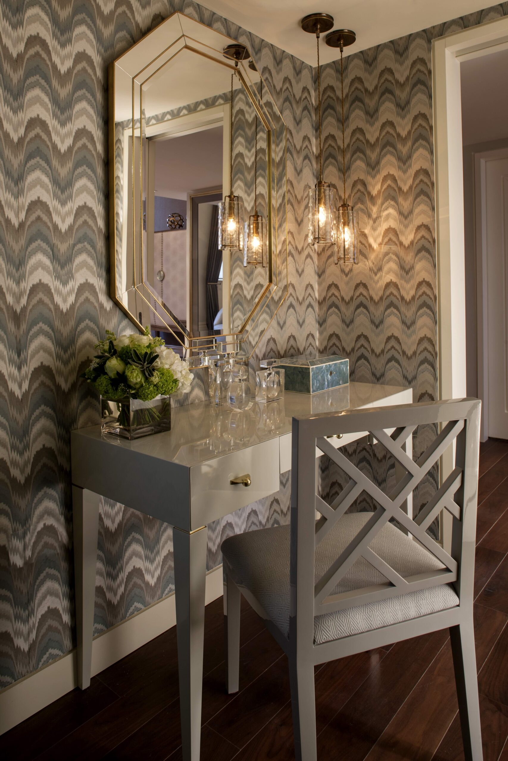 vanity-table-mirror-pendant-light-patterned-wallpaper-chair-bedroom-corner-12