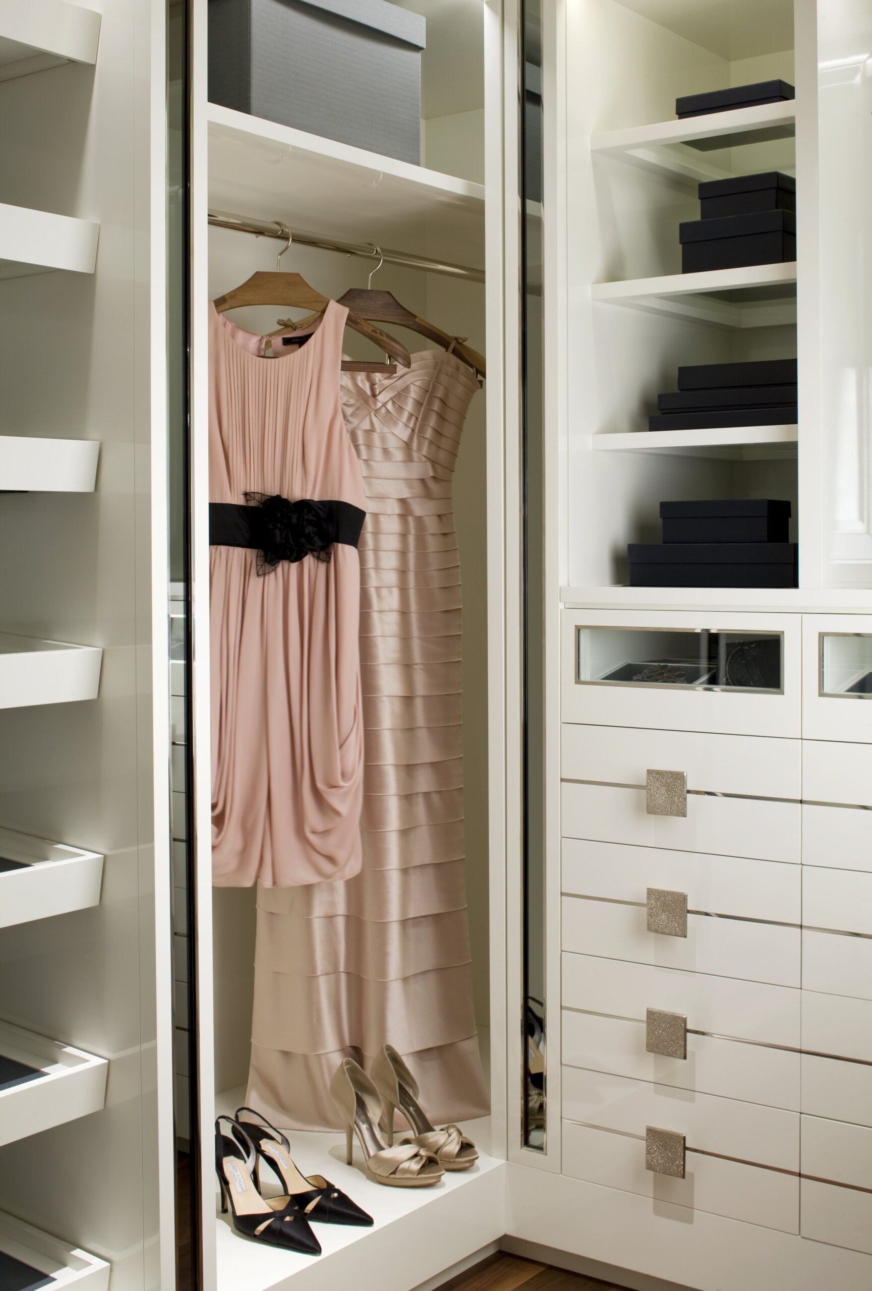 wardrobe-hanging-rail-dresses-high-heels-white-cabinetry-open-shelving-storage-04